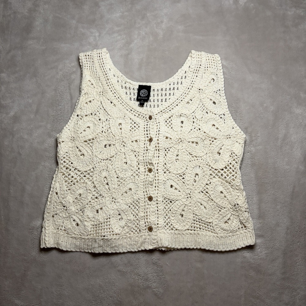 Crochet Button Floral Open Knit Vest Womans M Cream Hippie Boho Festival Cottage